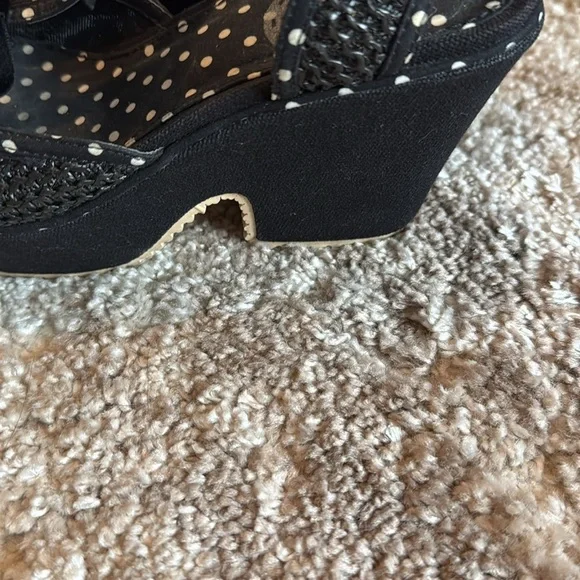 Black Polka Dot Wedge Sandals with Strawberry Accent - Picture 4 of 9